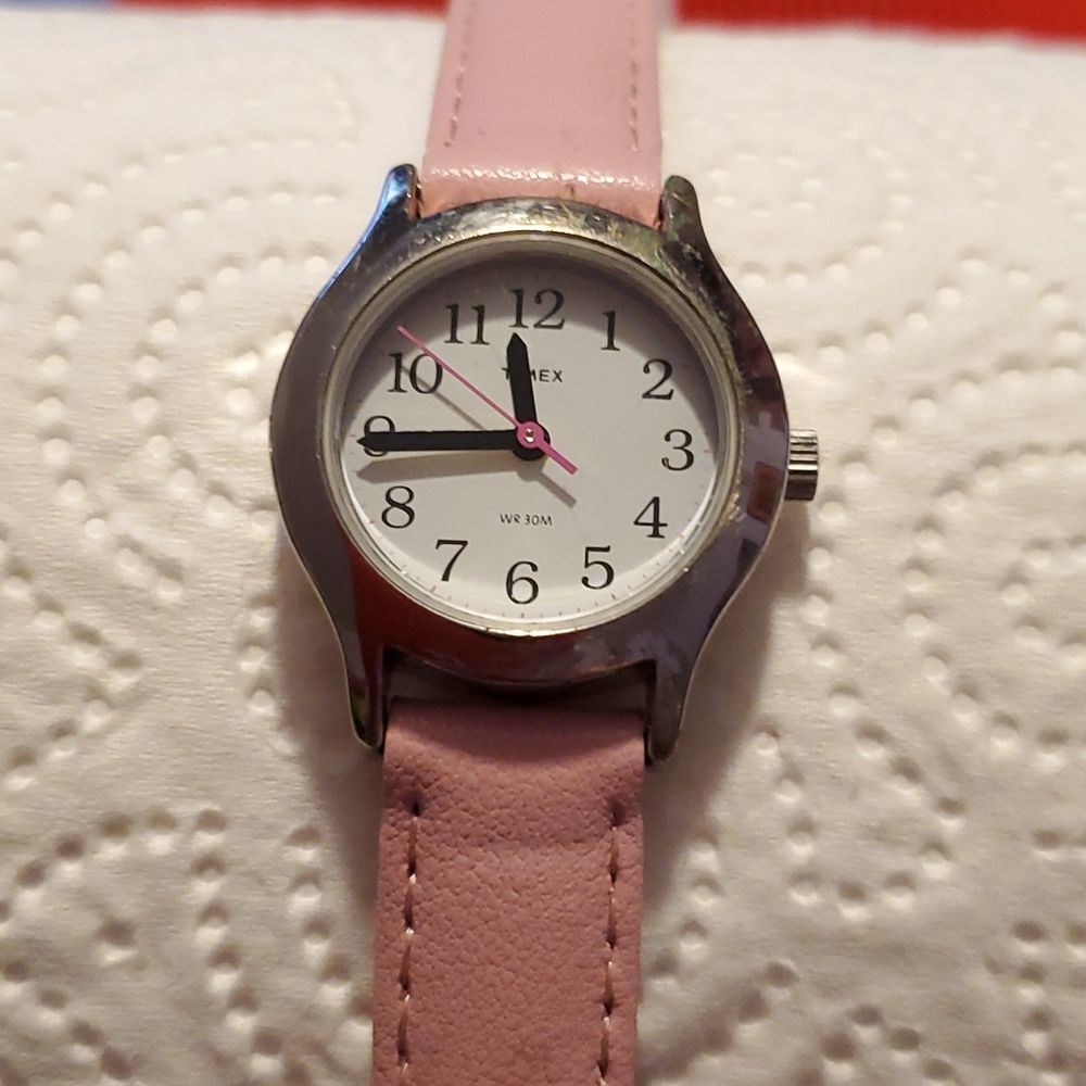 TIMEX T79081 Easy Read Women's or Kids Silver Face Watch Pink Vegan Leather Band